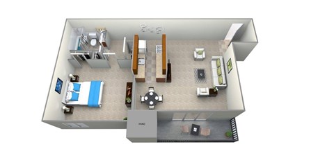 A 3D floor plan of a small apartment with a kitchen, living room, and bathroom.
